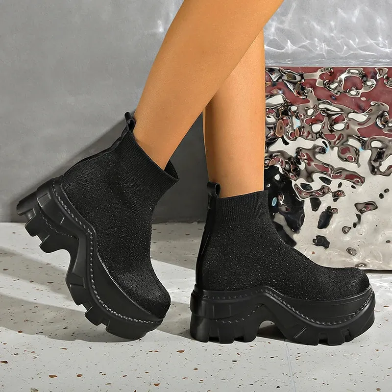 Sohiwoo Black Chunky Platform Ankle Boots Women Fashion Crystals Knitted Short Booties Mujer Punk Goth Thick Sole Motorcycle Boots Woman