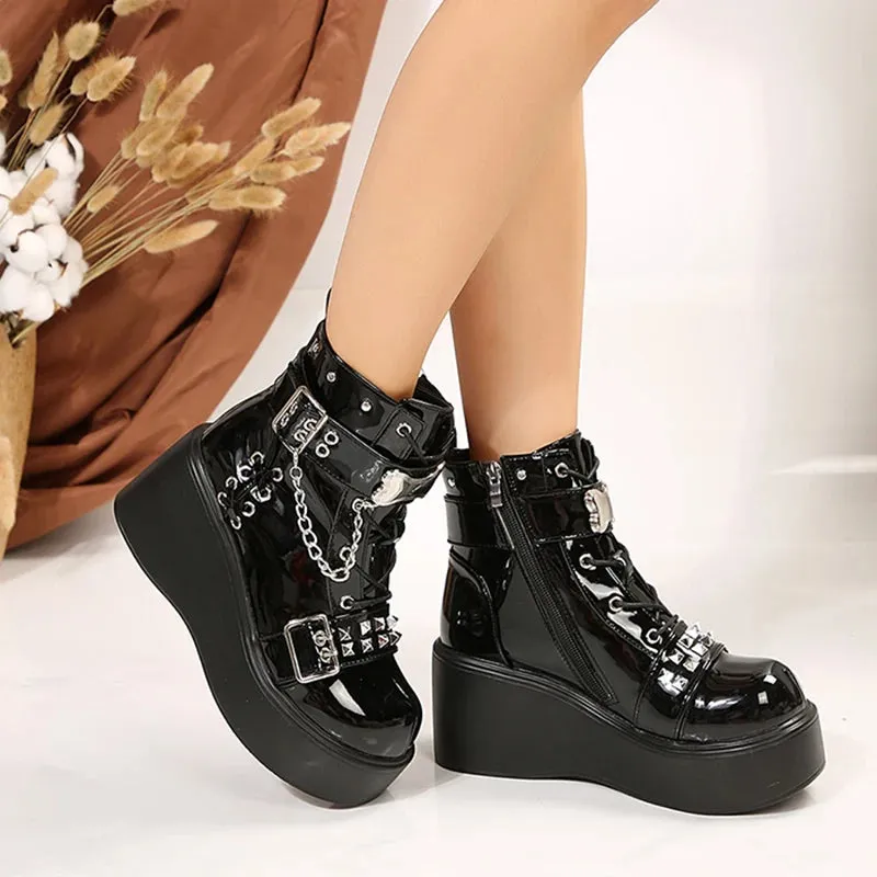 Sohiwoo Gothic Patent Leather Black Ankle Boots Women Winter Metal Chain Chunky Platform Punk Shoes Woman Plus Size Y2K Shoes