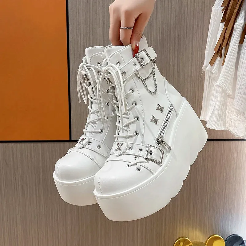 Sohiwoo Gothic Style Platform Vampire Cosplay Women Mid-calf Boots 2024 Winter Wedges Comfy Women Motorcycle Boots Shoes