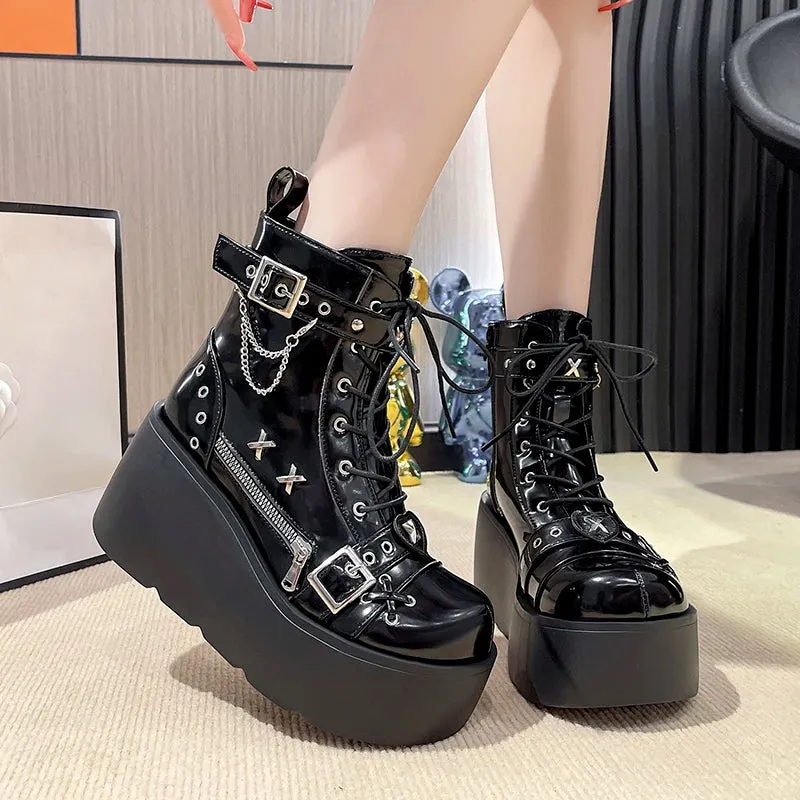 Sohiwoo Gothic Style Platform Vampire Cosplay Women Mid-calf Boots 2024 Winter Wedges Comfy Women Motorcycle Boots Shoes