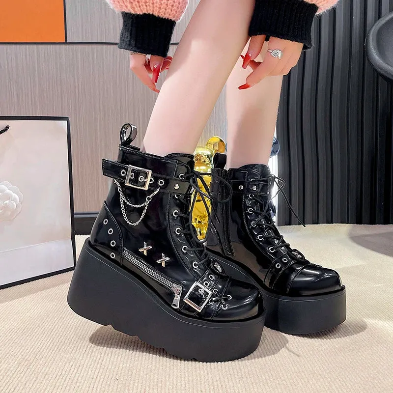 Sohiwoo Gothic Style Platform Vampire Cosplay Women Mid-calf Boots 2024 Winter Wedges Comfy Women Motorcycle Boots Shoes