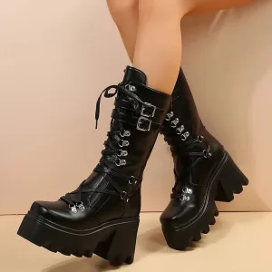 Sohiwoo New Punk Motorcycle Boots Women Patent Leather Wedges Platform Mid Calf Boots Woman Lace-Up Chunky Heel Gothic Botas Mujer