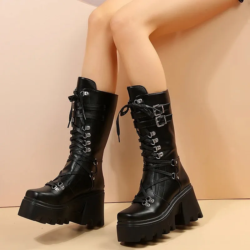 Sohiwoo New Punk Motorcycle Boots Women Patent Leather Wedges Platform Mid Calf Boots Woman Lace-Up Chunky Heel Gothic Botas Mujer