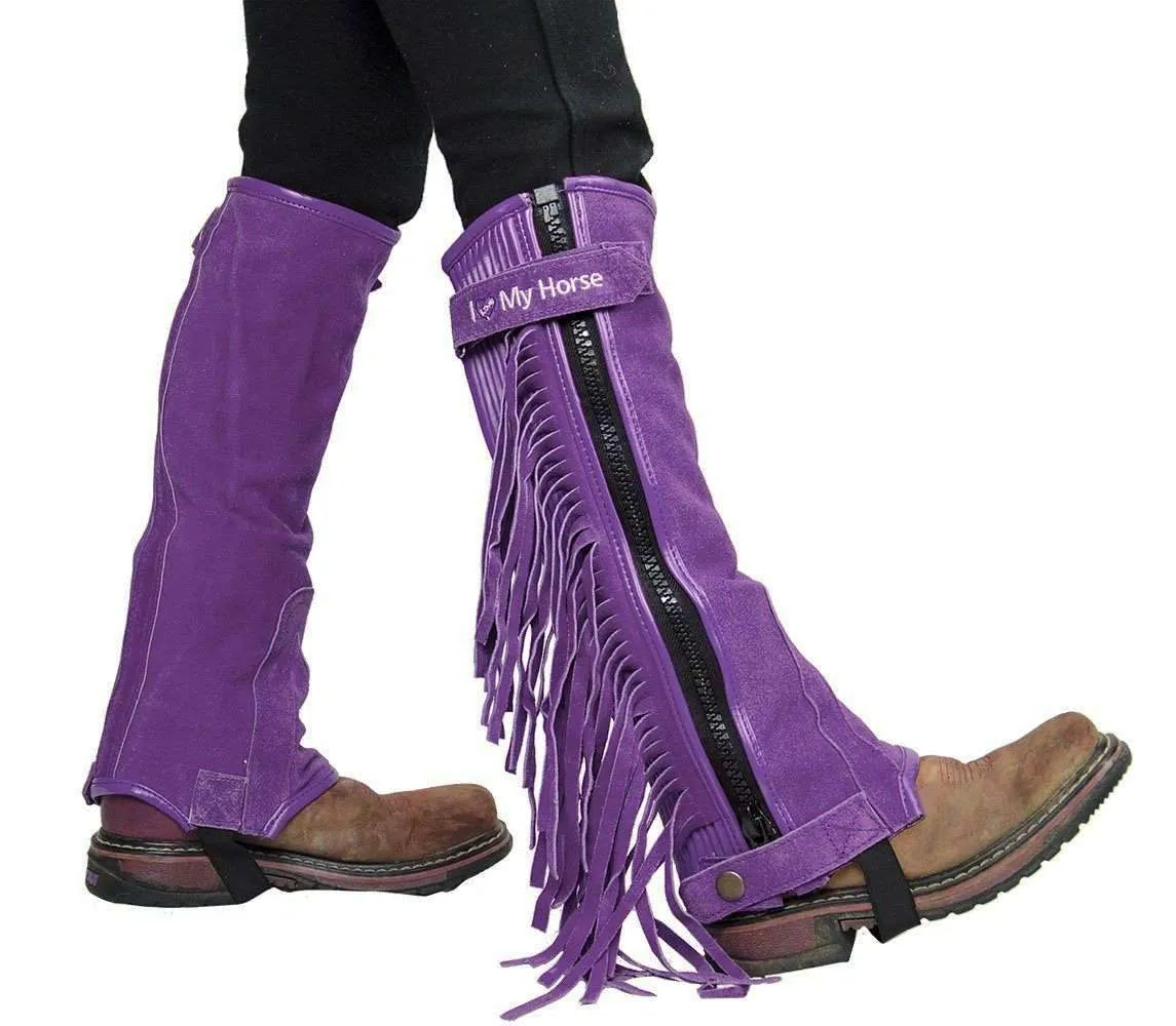 Tahoe Tack Childrens Suede Leather Multi Purpose "I Love My Horse" Half Chaps with Fringes for Horseback Riding or Motorcycle Use