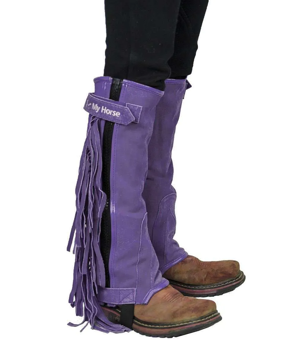 Tahoe Tack Childrens Suede Leather Multi Purpose "I Love My Horse" Half Chaps with Fringes for Horseback Riding or Motorcycle Use