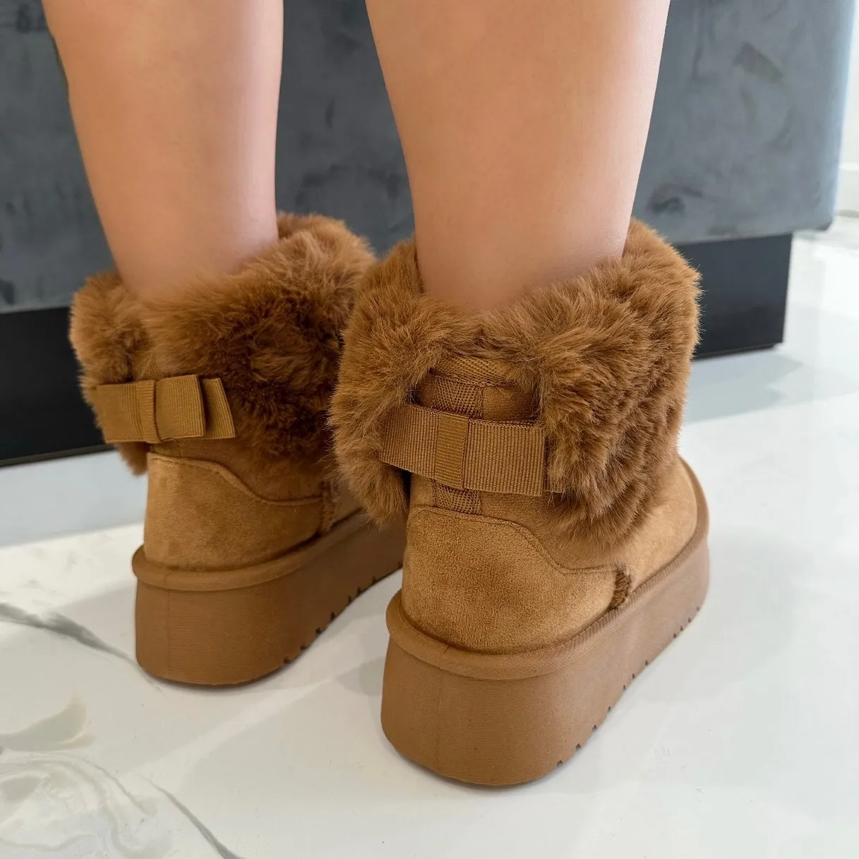 Talliah - Chestnut Chunky Platform Faux Fur Boots