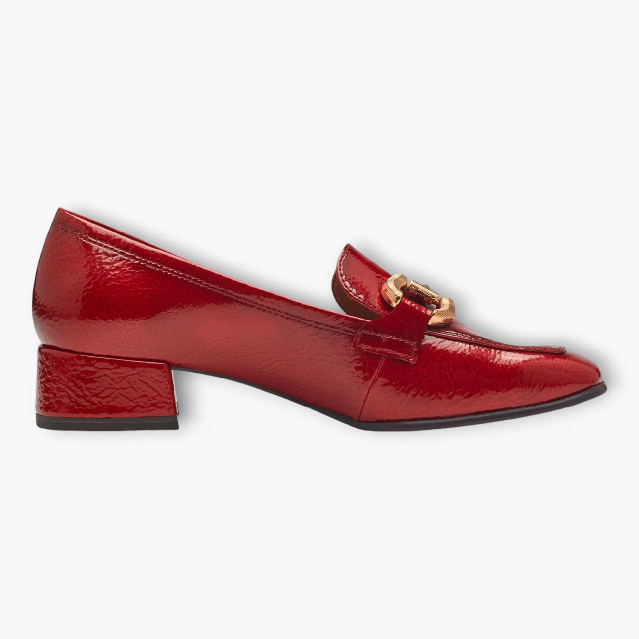 Tamaris Red Patent Loafers with Block Heel and Gold Chain Detail