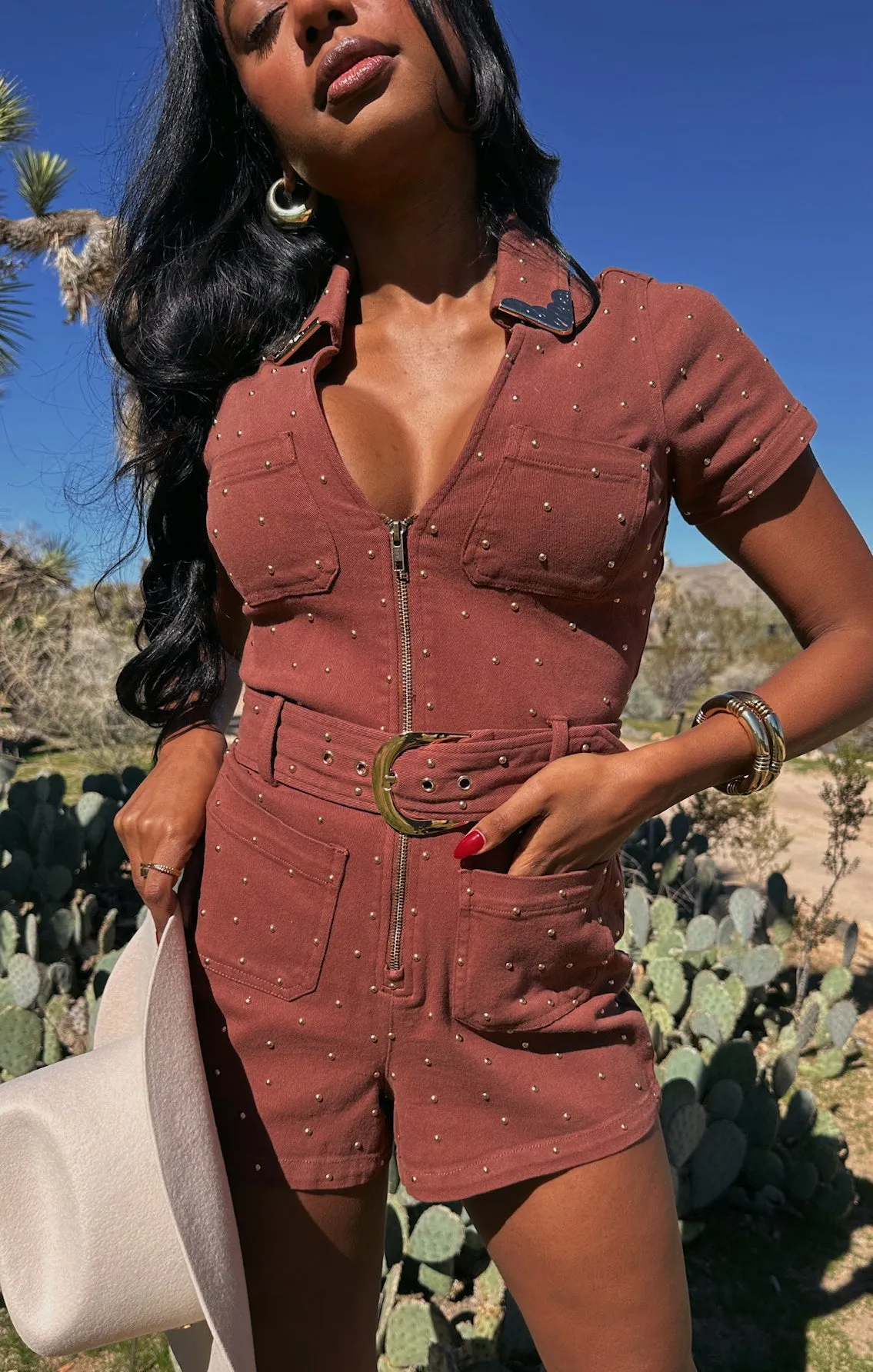 Tempe Romper ~ Studded Brown Denim