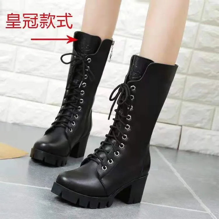 Thick Bottom Increased By Lace-up Booties All-match Middle Tube Motorcycle Boots