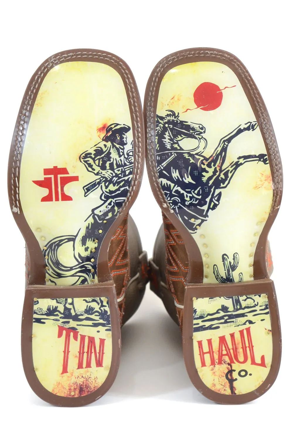 Tin Haul Mens Bucking Puzzle Brown Leather Cowboy Boots