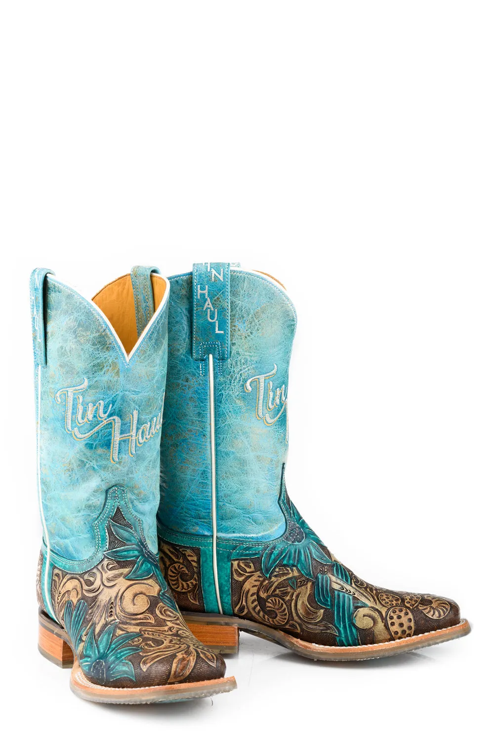 Tin Haul Womens Cactus Flower Brown/Turquoise Leather Cowboy Boots