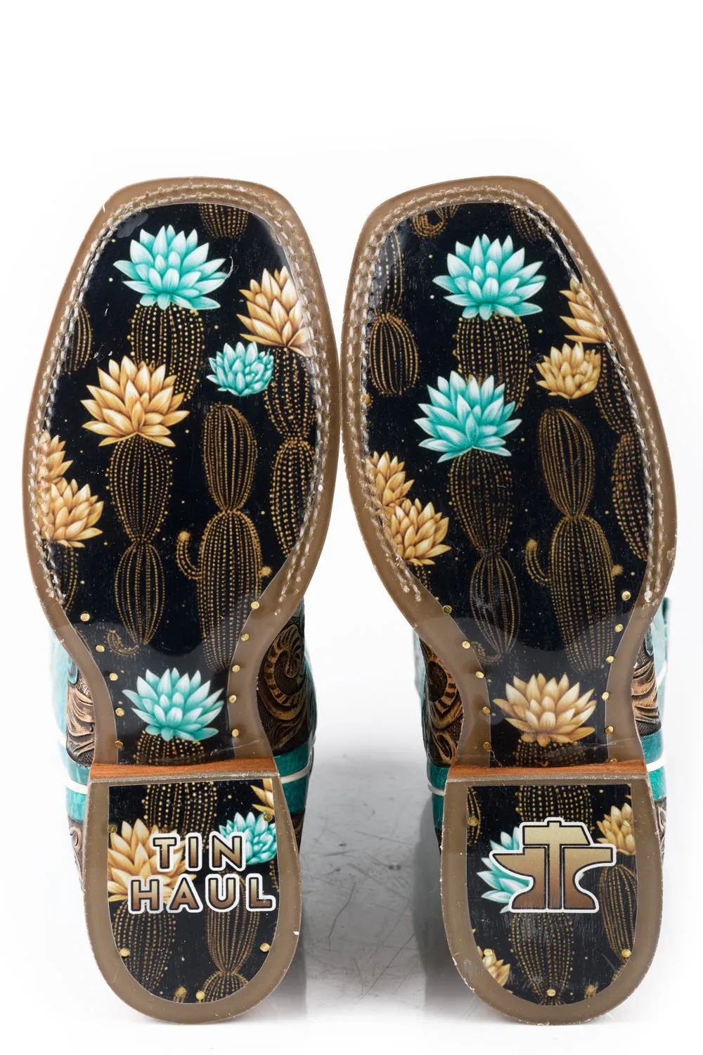 Tin Haul Womens Cactus Flower Brown/Turquoise Leather Cowboy Boots