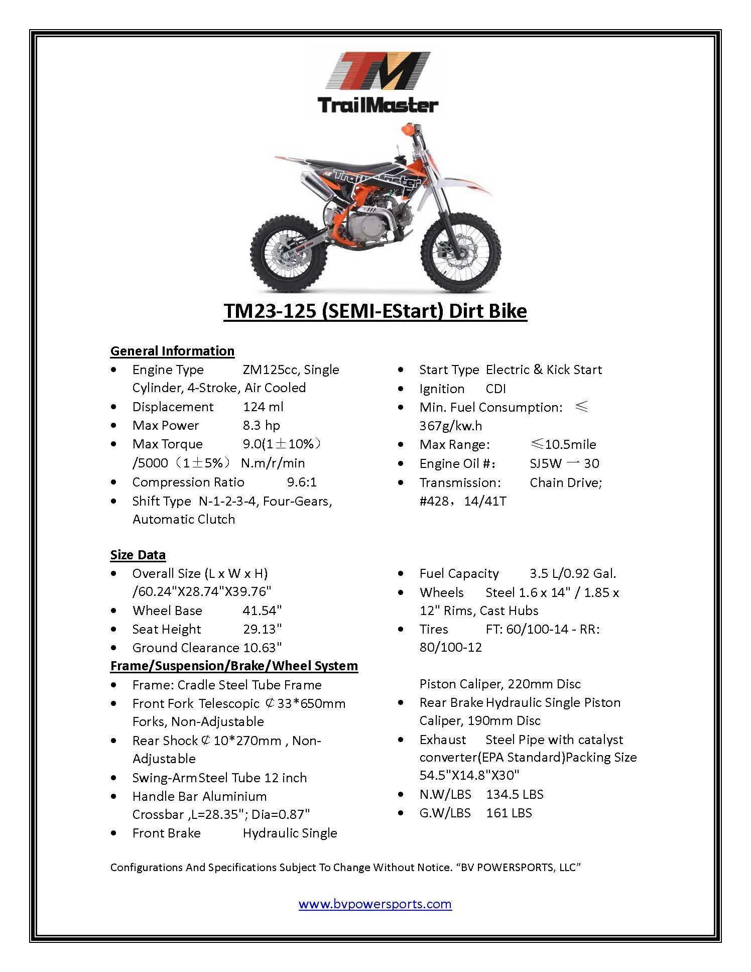 TrailMaster TM23 Dirt Bike  125cc Semi Automatic, Electric Start Seat Height 29.3 Inches 14" Front Tire