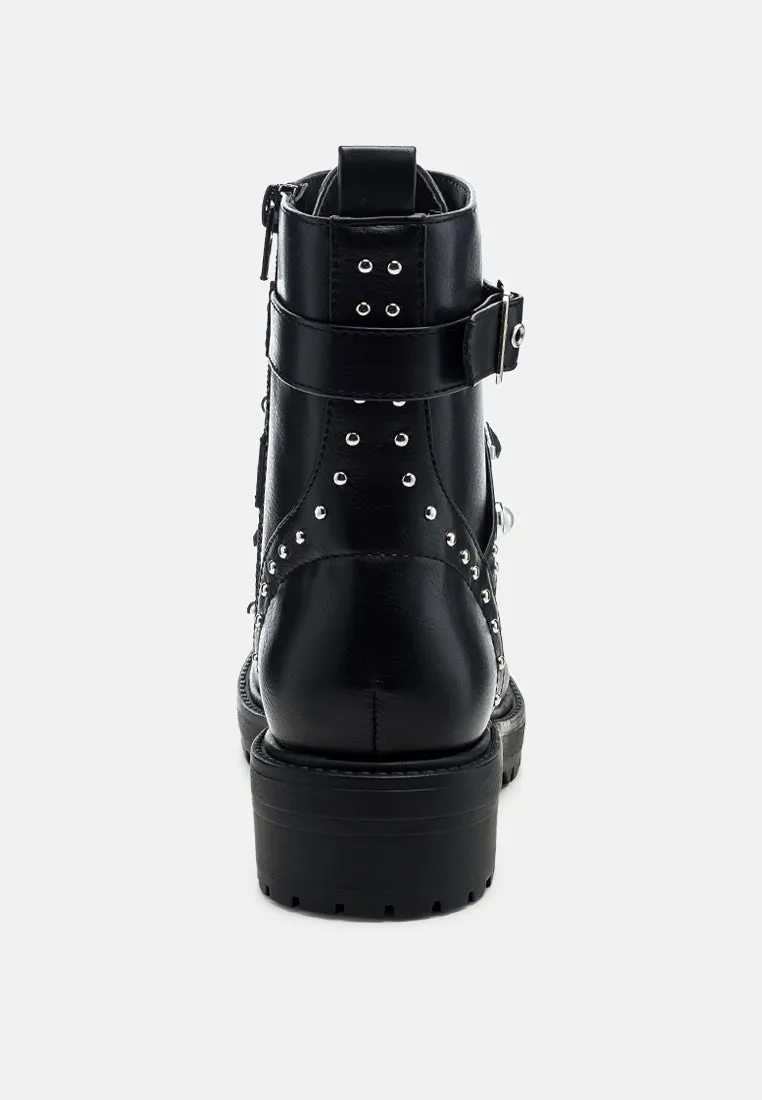 Tucker Studded Strped Lace-Up Biker Boots