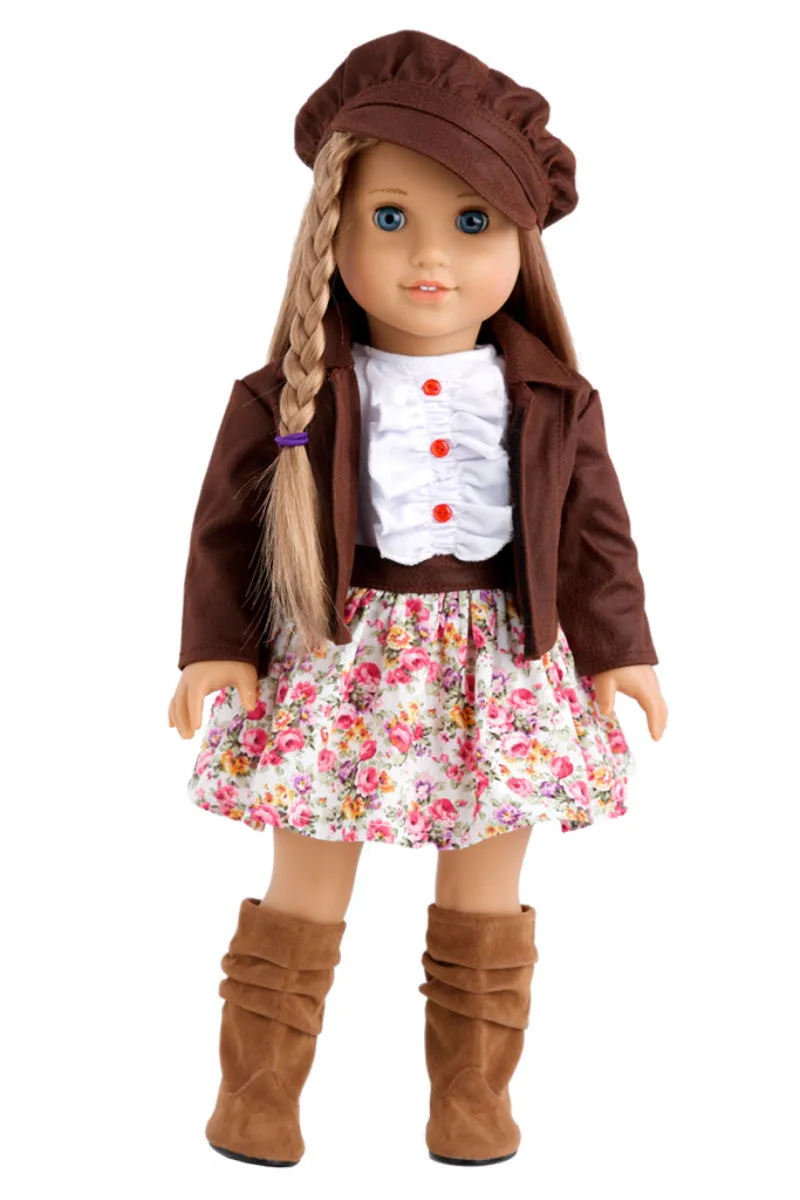 Urban Explorer - Clothes for 18 inch Doll - Brown Motorcycle Jacket, Paperboy Hat, Dress and Boots