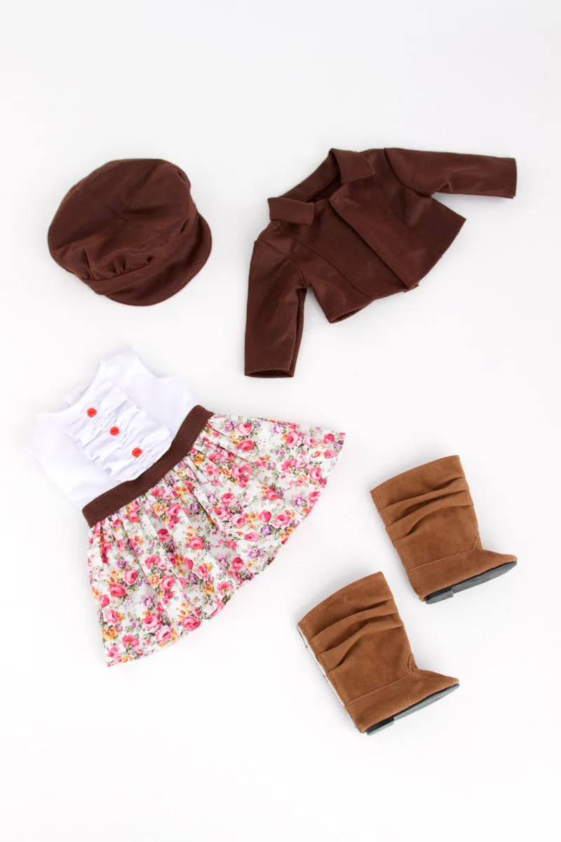 Urban Explorer - Clothes for 18 inch Doll - Brown Motorcycle Jacket, Paperboy Hat, Dress and Boots