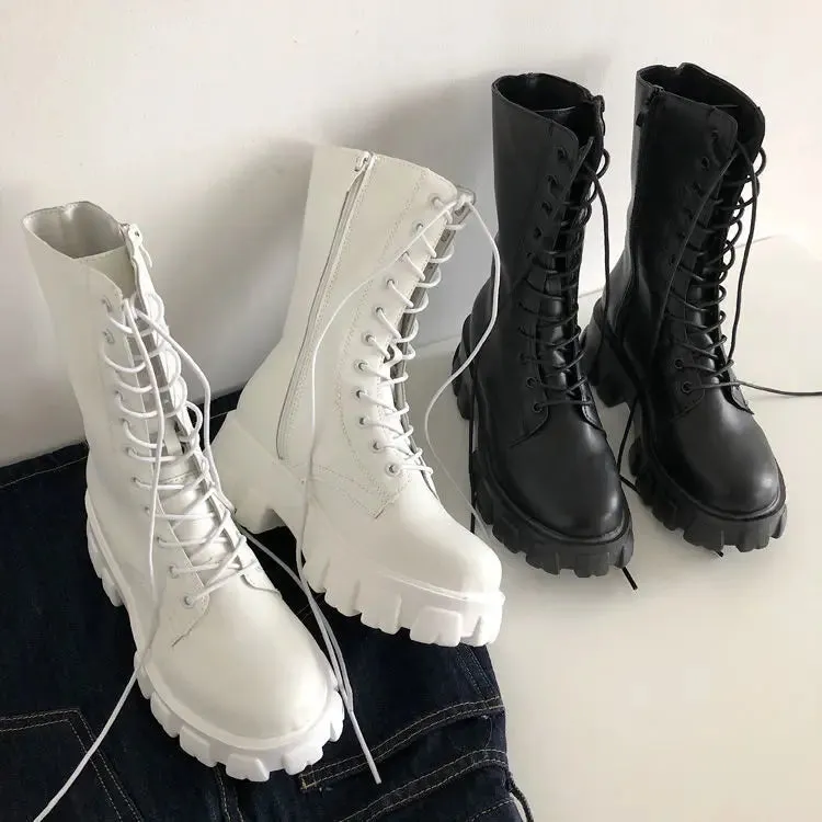 VAIGE Retro Thick Motorcycle Knee High Boots with Square Heel - Mid-Calf Length, PU Upper, Rubber Outsole, Available in Black and White