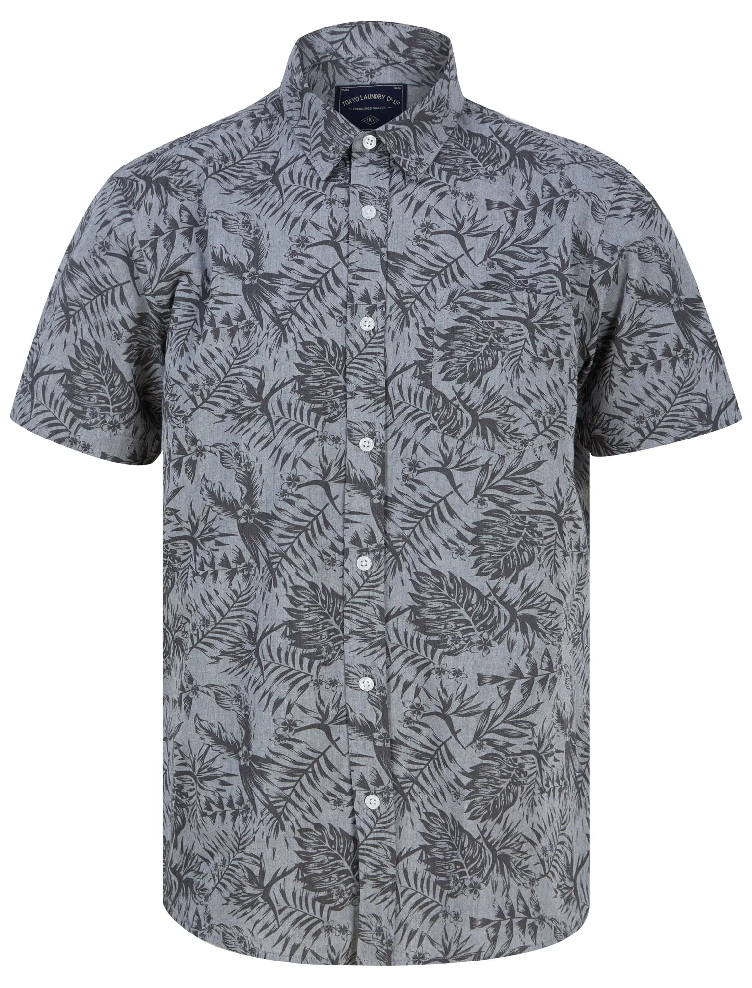 Varadero Tropical Print Short Sleeve Shirt in Light Grey Chambray - Tokyo Laundry