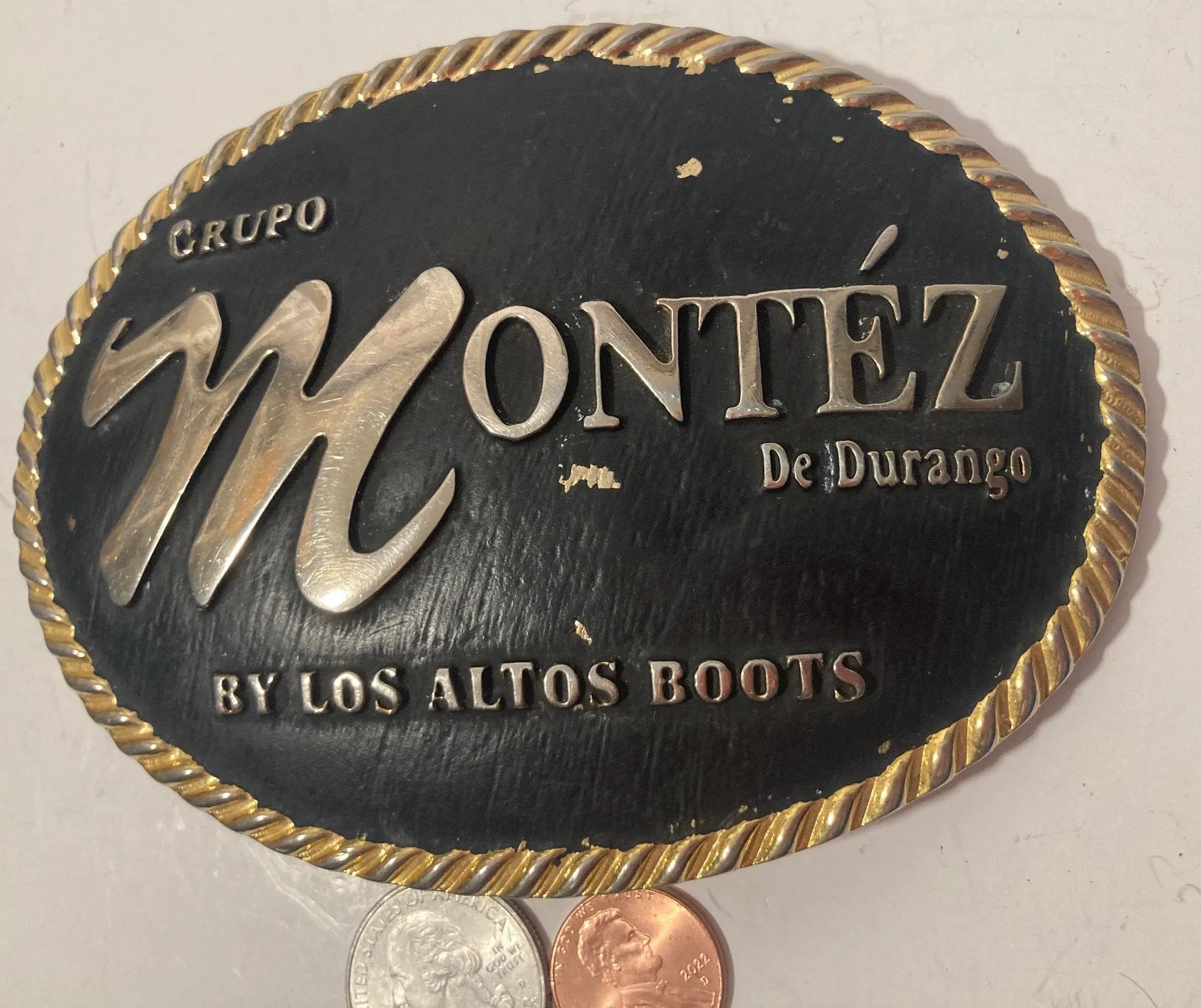 Vintage Metal Belt Buckle, Brass, Grupo Montez De Durango, Los Altos Boots, Rodeo, Cowboy, Nice Western Design, 5" x 3 3/4", Heavy Duty