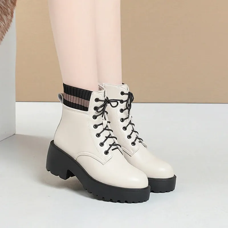 Warm Winter Genuine Leather Lace-up High Heel Ankle Boots