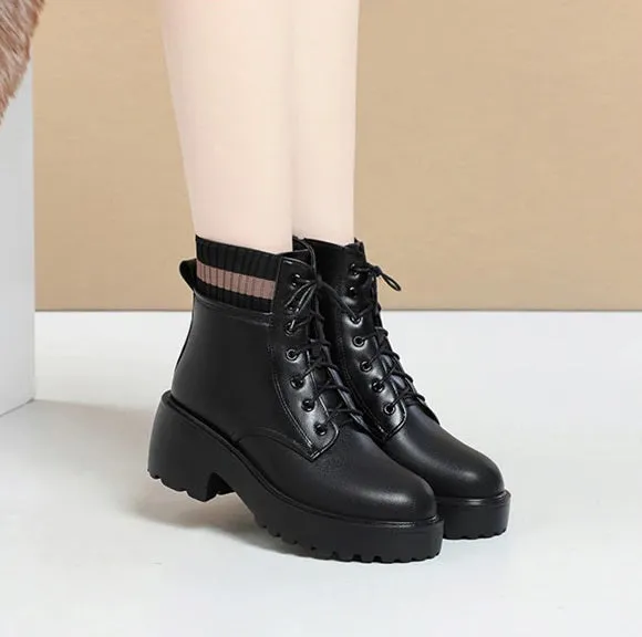 Warm Winter Genuine Leather Lace-up High Heel Ankle Boots