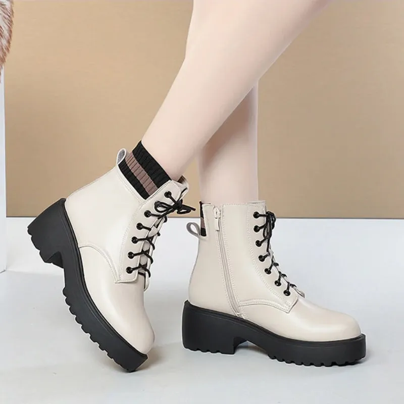 Warm Winter Genuine Leather Lace-up High Heel Ankle Boots