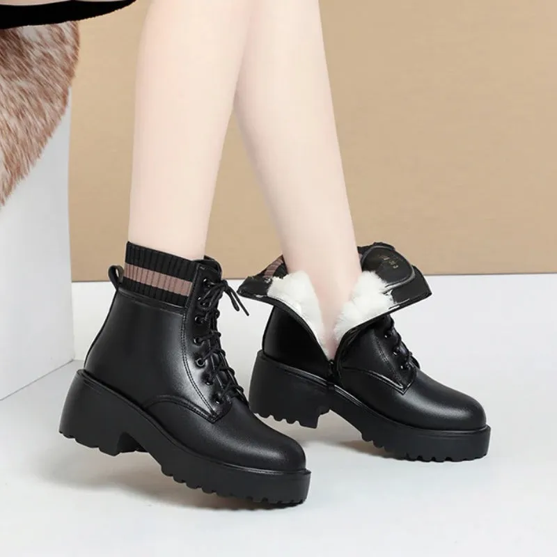 Warm Winter Genuine Leather Lace-up High Heel Ankle Boots