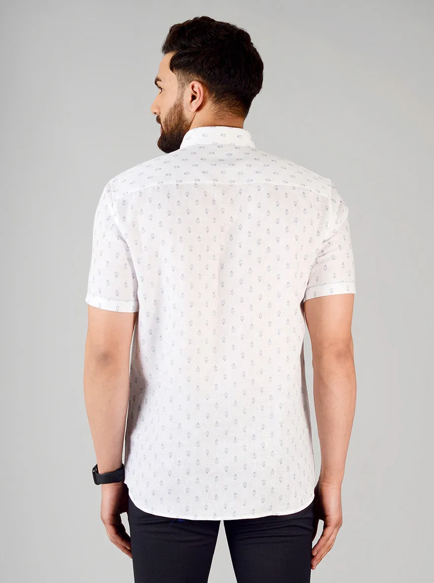 White & Blue Printed Slim Fit Party Wear Shirt | JB Studio