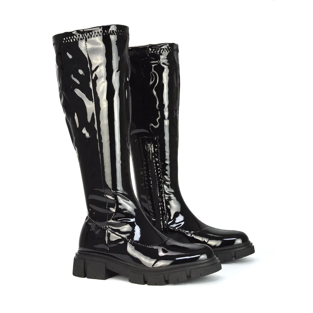 Wilma Chunky Cleated Sole Long Inside Zip-Up Flat Knee High Biker Boots In Black Patent