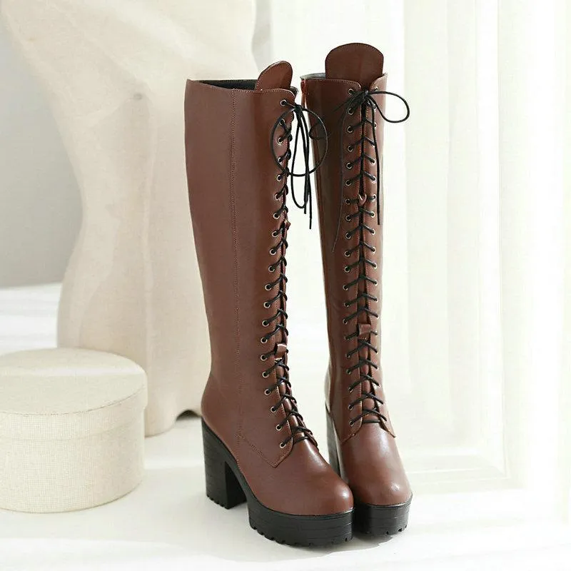 Women chunky heel platform motorcycle lace up knee high boots