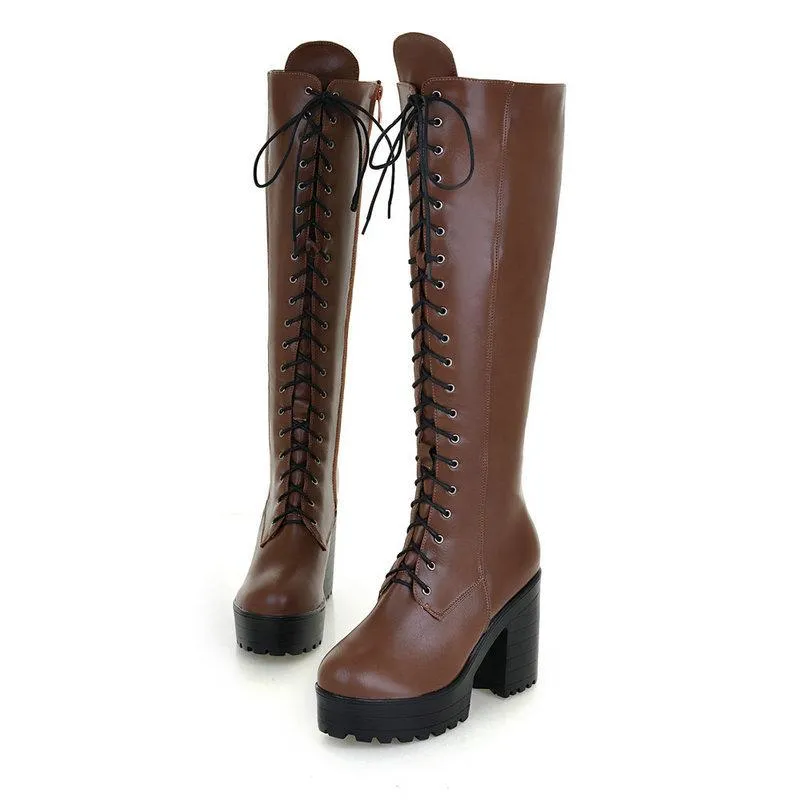 Women chunky heel platform motorcycle lace up knee high boots