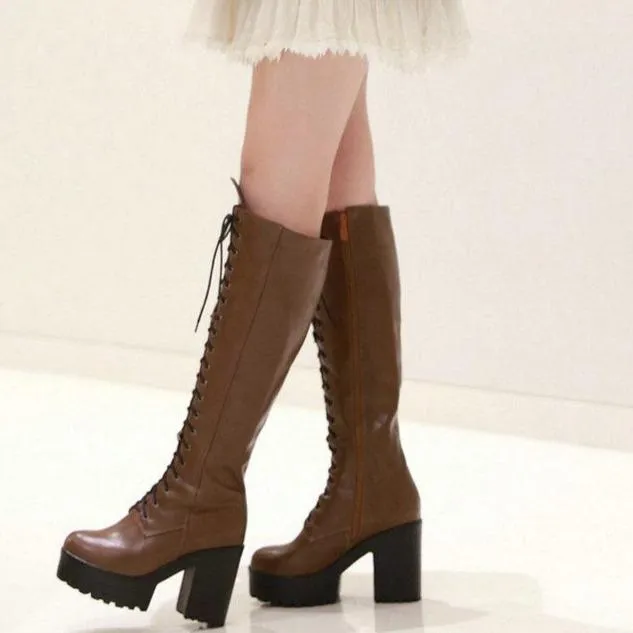 Women chunky heel platform motorcycle lace up knee high boots