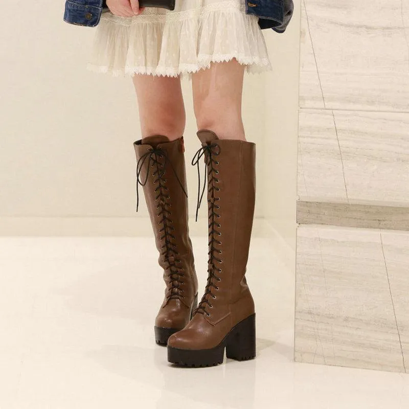 Women chunky heel platform motorcycle lace up knee high boots