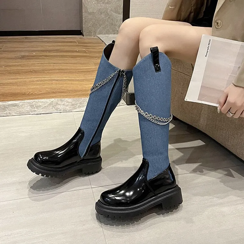 Women Luxury Shoes Platform Chunky Chain Motorcycle Boots 2022 New Winter Fad Knee High Gladiator Boots Punk Goth Mujer Zapatos