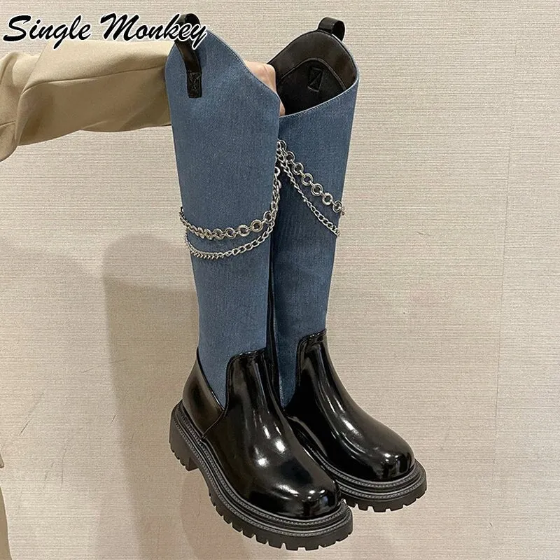 Women Luxury Shoes Platform Chunky Chain Motorcycle Boots 2022 New Winter Fad Knee High Gladiator Boots Punk Goth Mujer Zapatos