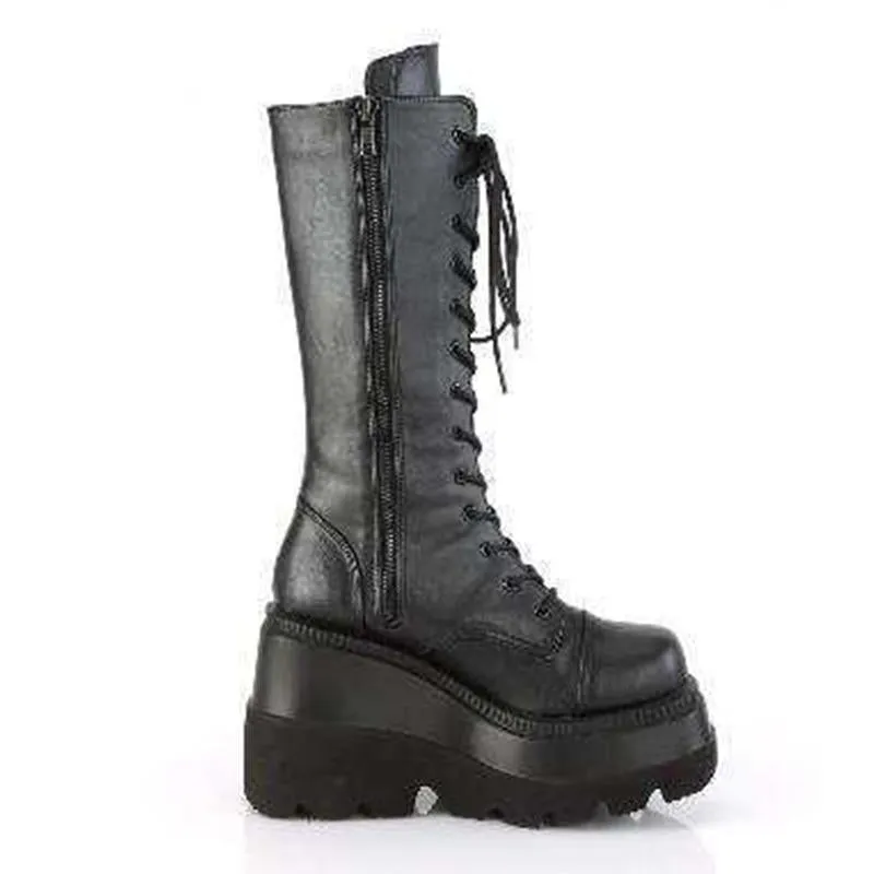 Women motorcycle lace up side zipper square heel knee high boots