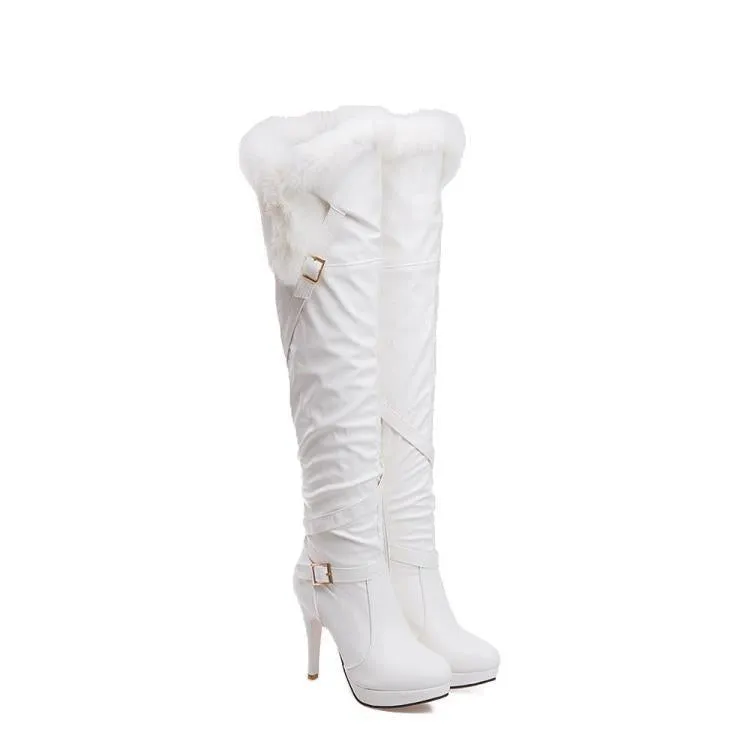 Women winter over the knee boots | Faux fur platform stiletto high heel thigh high boots