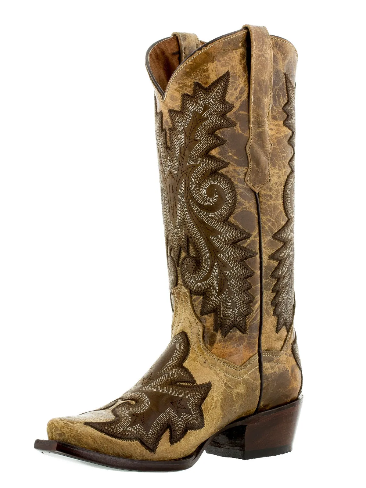 Women's Ancona Sand Tan Overlay Leather Cowgirl Boots Snip Toe