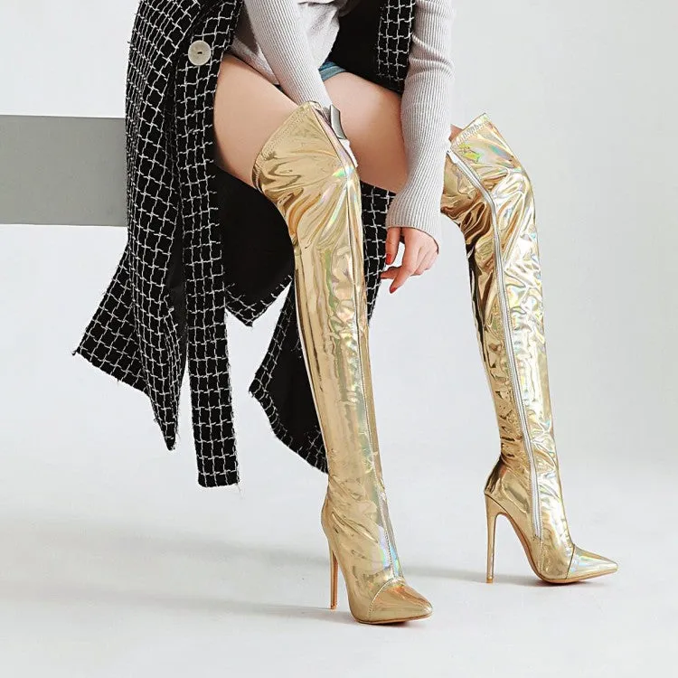 Women's Bling Bling Pointed Toe Side Zippers Stiletto Heel Over the Knee Boots