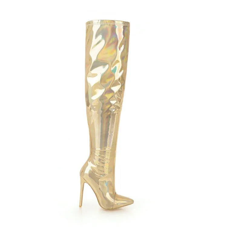 Women's Bling Bling Pointed Toe Side Zippers Stiletto Heel Over the Knee Boots