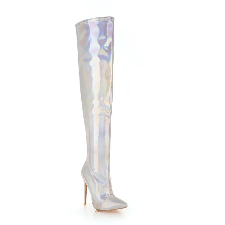 Women's Bling Bling Pointed Toe Side Zippers Stiletto Heel Over the Knee Boots