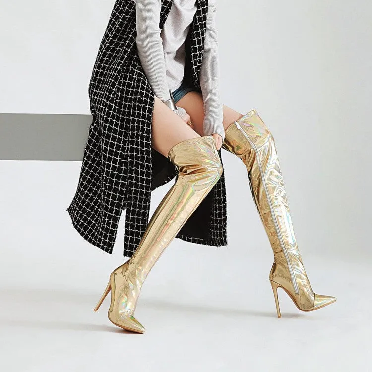 Women's Bling Bling Pointed Toe Side Zippers Stiletto Heel Over the Knee Boots