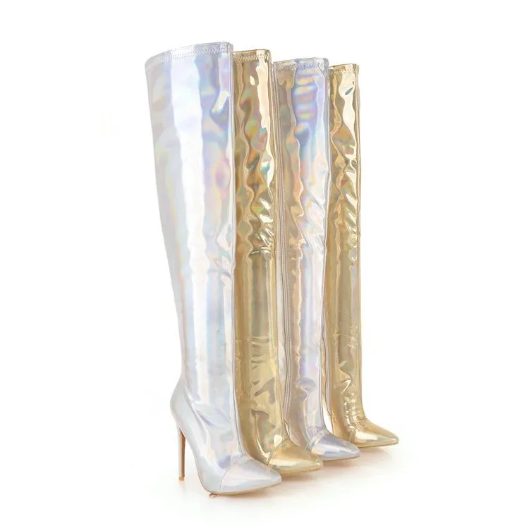 Women's Bling Bling Pointed Toe Side Zippers Stiletto Heel Over the Knee Boots