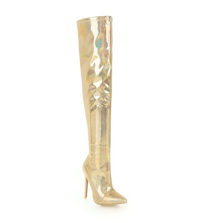 Women's Bling Bling Pointed Toe Side Zippers Stiletto Heel Over the Knee Boots