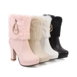 Women's Booties Round Toe Fold Fur Block Chunky Heel Platform Short Boots