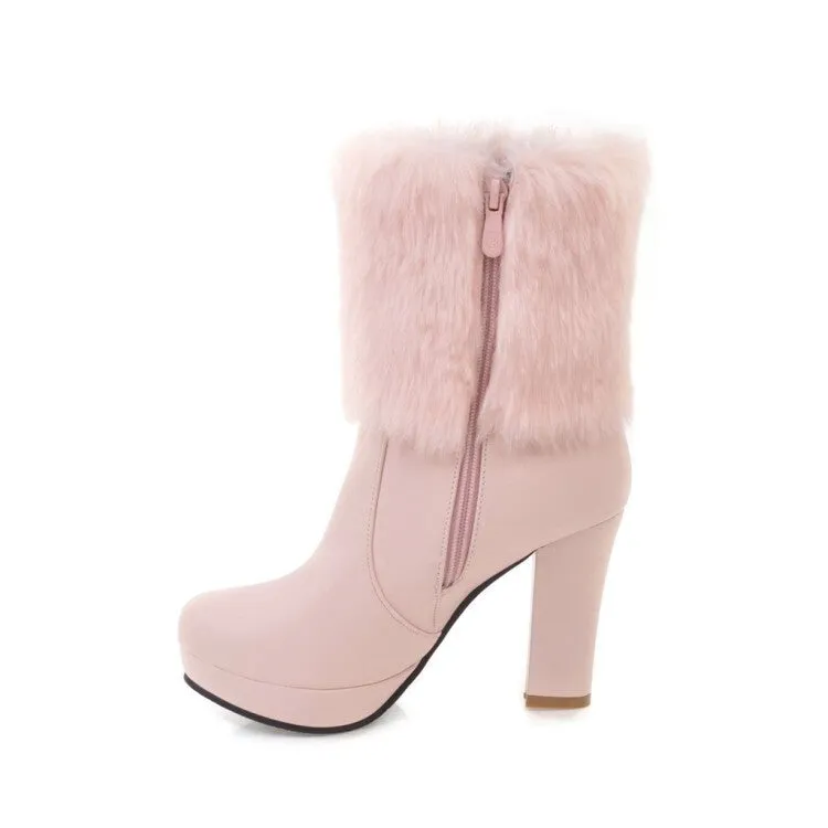 Women's Booties Round Toe Fold Fur Block Chunky Heel Platform Short Boots