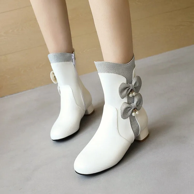 Women's  Bowtie Pearls Low Heel Short Boots