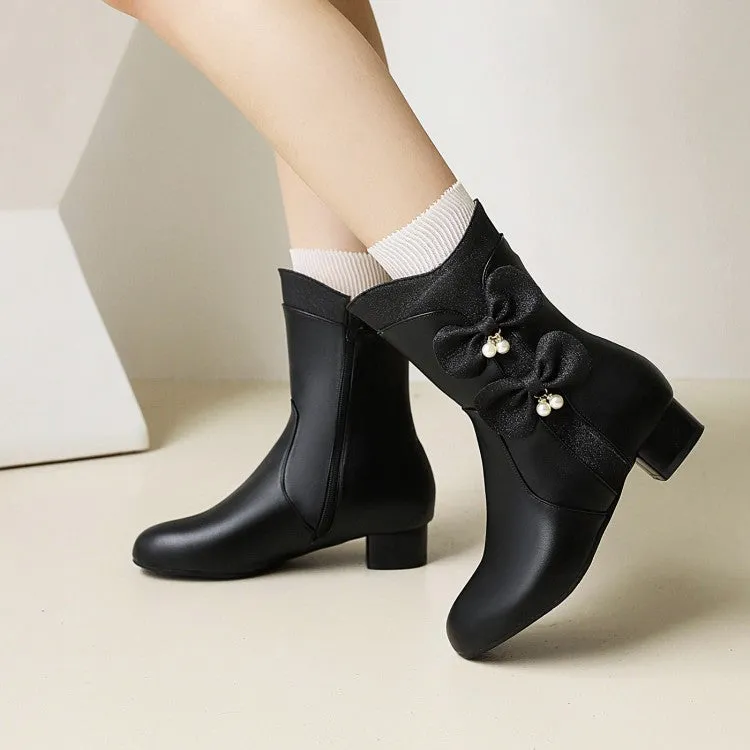 Women's  Bowtie Pearls Low Heel Short Boots