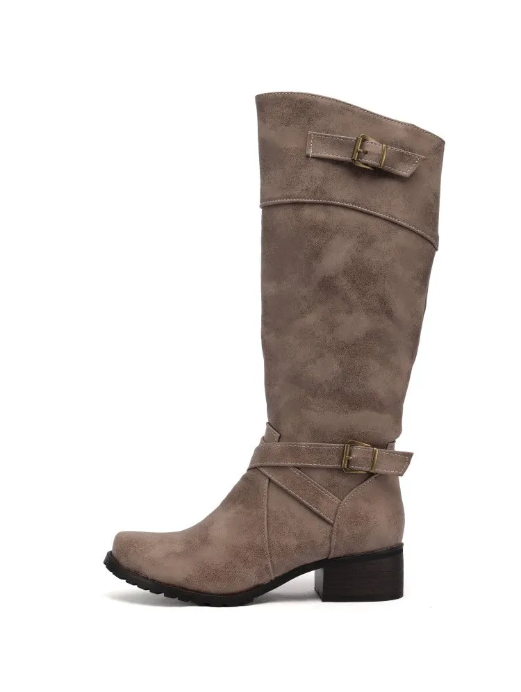 Women's Buckle Low Heel Knee High Boots