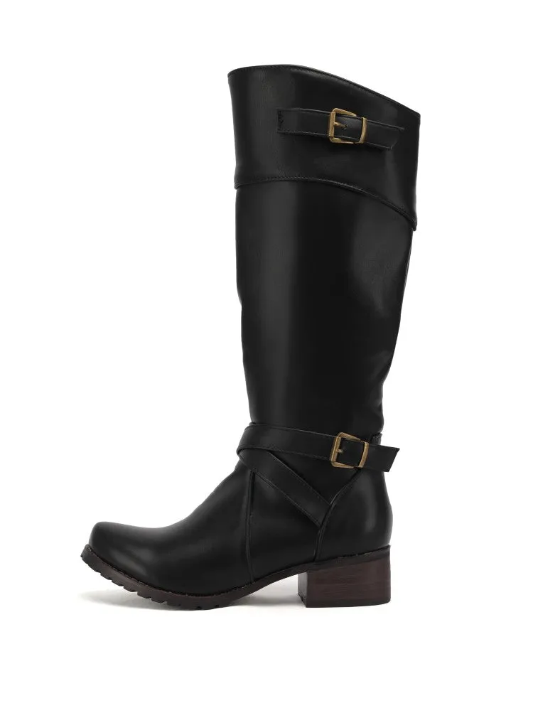 Women's Buckle Low Heel Knee High Boots